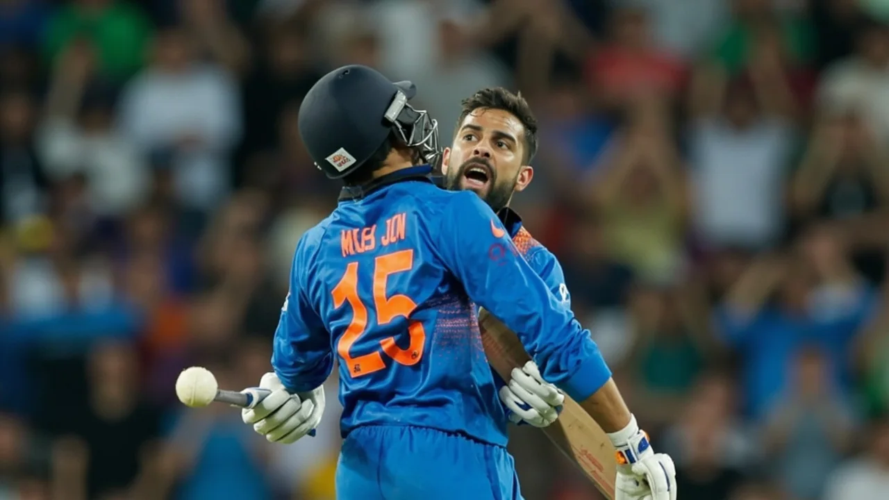 Editorial frame of an Indian batter reacting at the crease during a tight T20I chase under Belfast floodlights