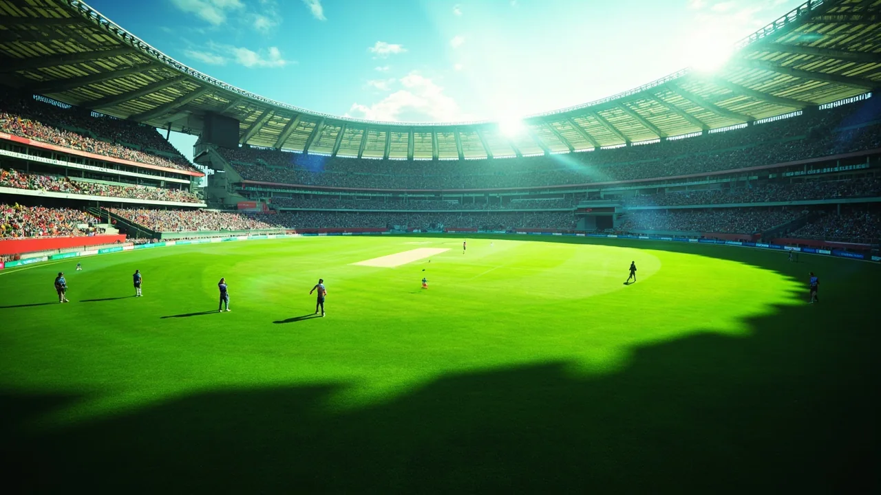 Wide establishing view of the upcoming international cricket stadium at Vikaswadi in Karveer taluka, with the playing surface laid out and floodlight towers in the background