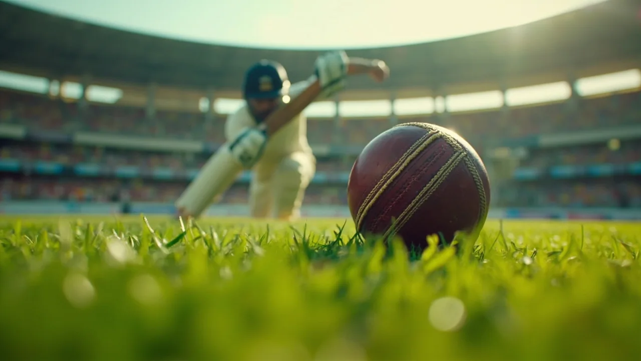 Editorial frame of an Indian batter stepping out to drive through the line during a training session, with the new stadium's practice nets visible behind