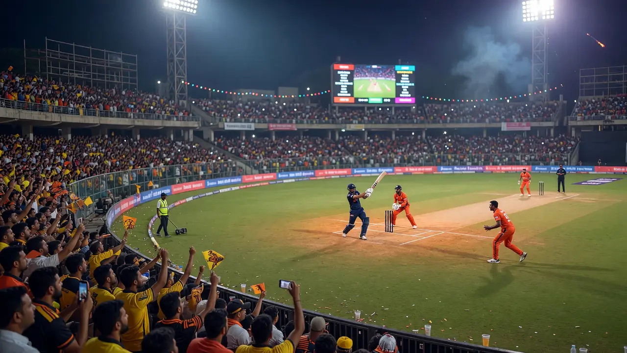 Wide evening view of a packed Delhi cricket ground under floodlights before a Delhi Premier League T20