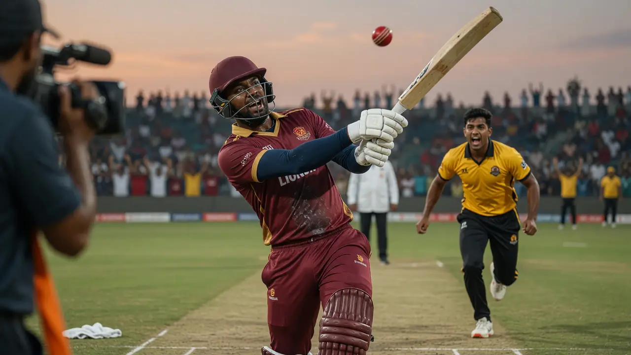 Close sideline frame of a batter driving through the off side during a floodlit T20 innings