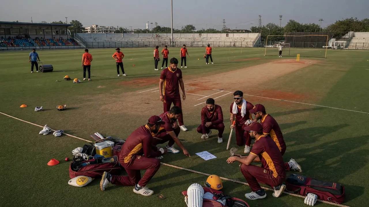 Medium tactical view of fielders setting positions as a spinner prepares to bowl in a T20 match