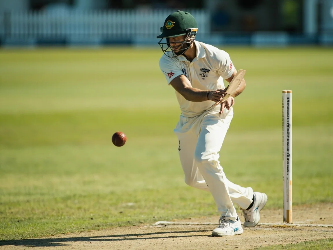 Editorial photograph of a boundary fielder gathering a rolling cricket ball cleanly during daylight play