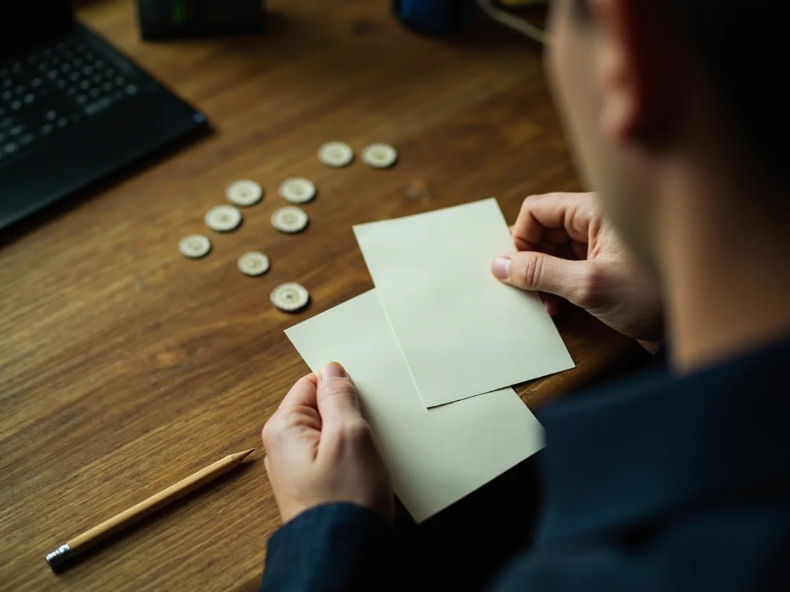 Editorial photograph of an analyst weighing captaincy choices with blank cards on a warm desk