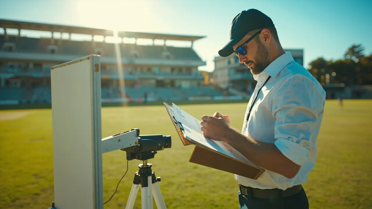 Editorial photograph of an analyst reviewing pitch notes beside a domestic cricket ground