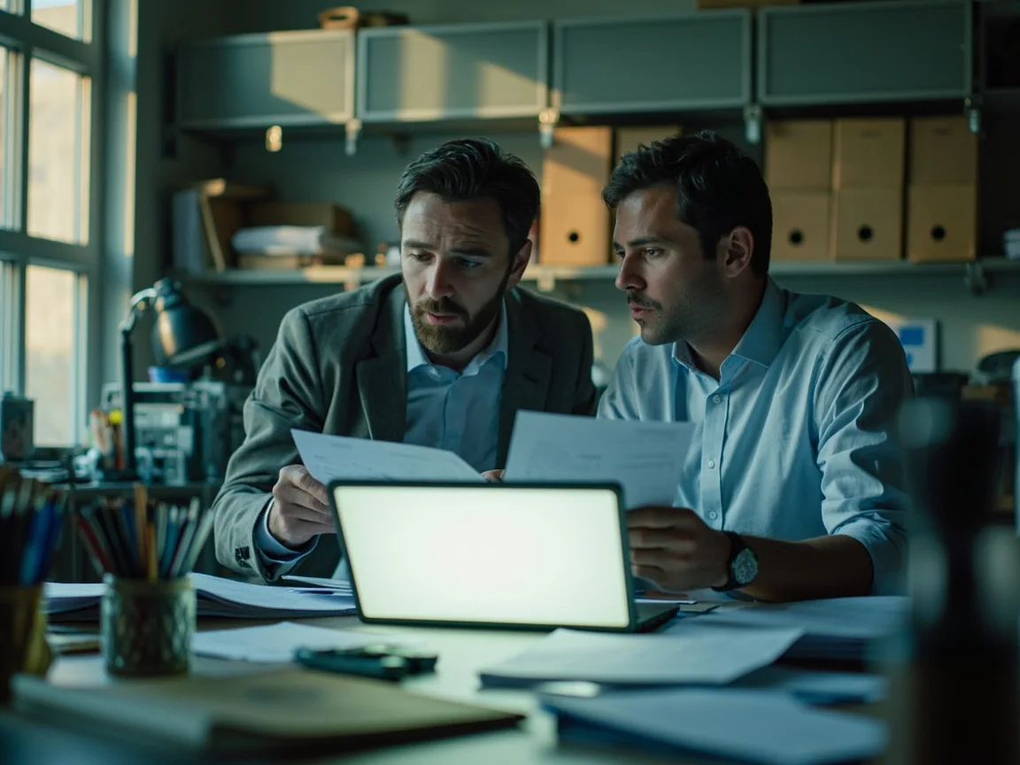 Two editorial journalists fact-checking a selection update in a bright small newsroom