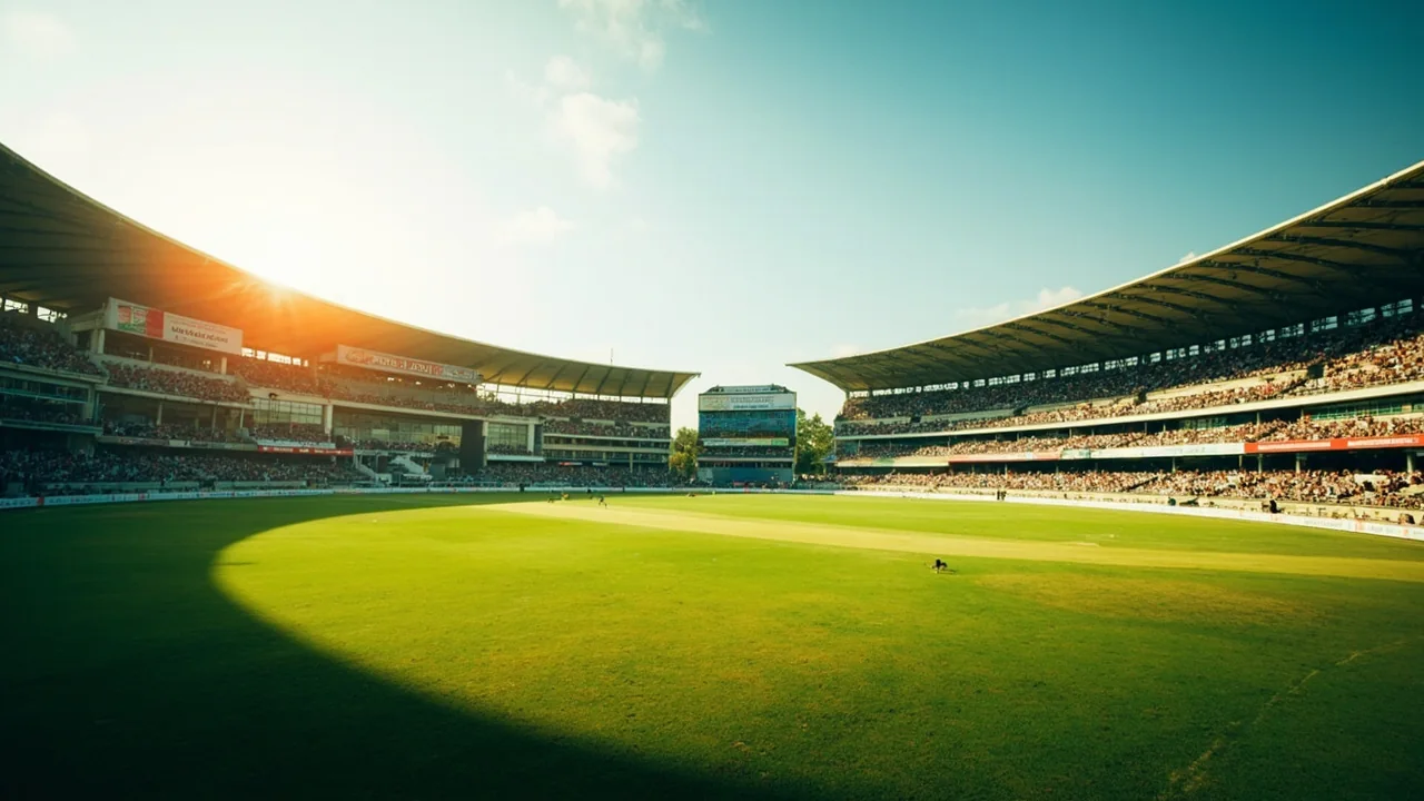 An IPL stadium lit up at twilight during a packed match